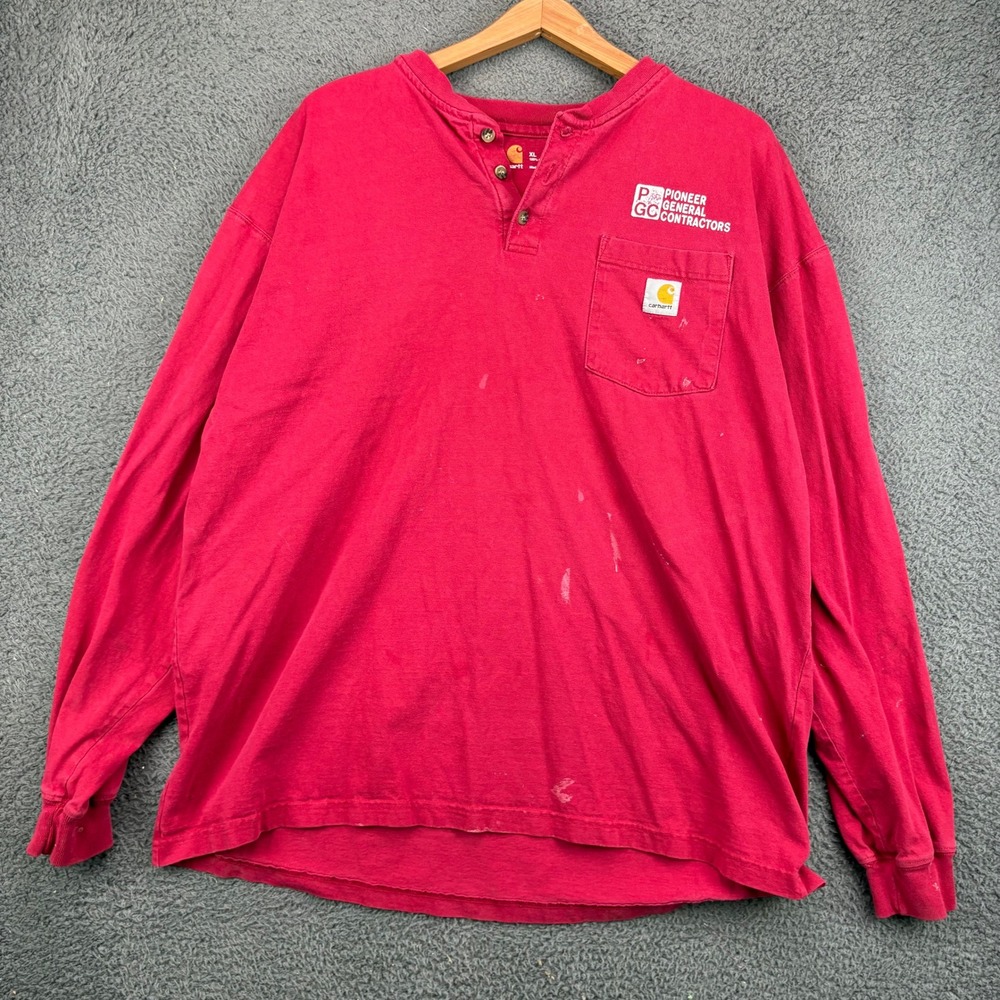 Carhartt Mens XL Red Long Sleeve‎ Henley Pocket T-Shirt Pioneer Contractors GC